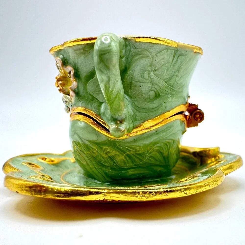 Ornate Tea Cup Jewelry Box Gold Rhinestone Embellishments Butterfly Green
